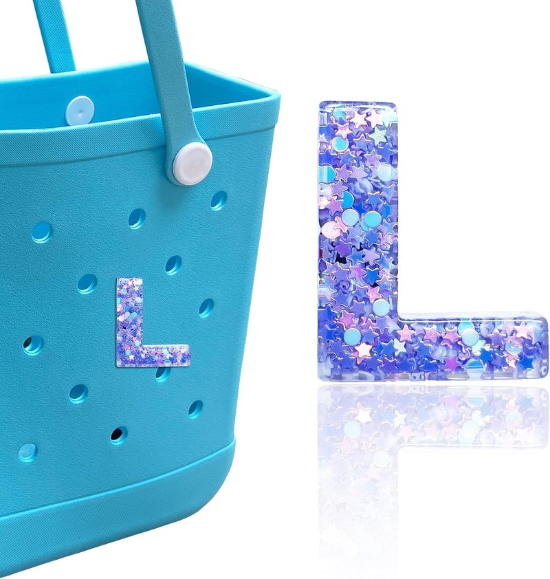 HLUWA Letter Charms for Bogg and Simply Southern Bags - Alphabet Purple Star Sequin Lettering Accessories - Insert Decorative Letters for Handbag Beach Tote - Image 1